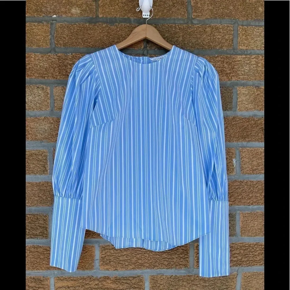 Veronica Beard Blue and White Striped Puff-Sleeve Blouse
